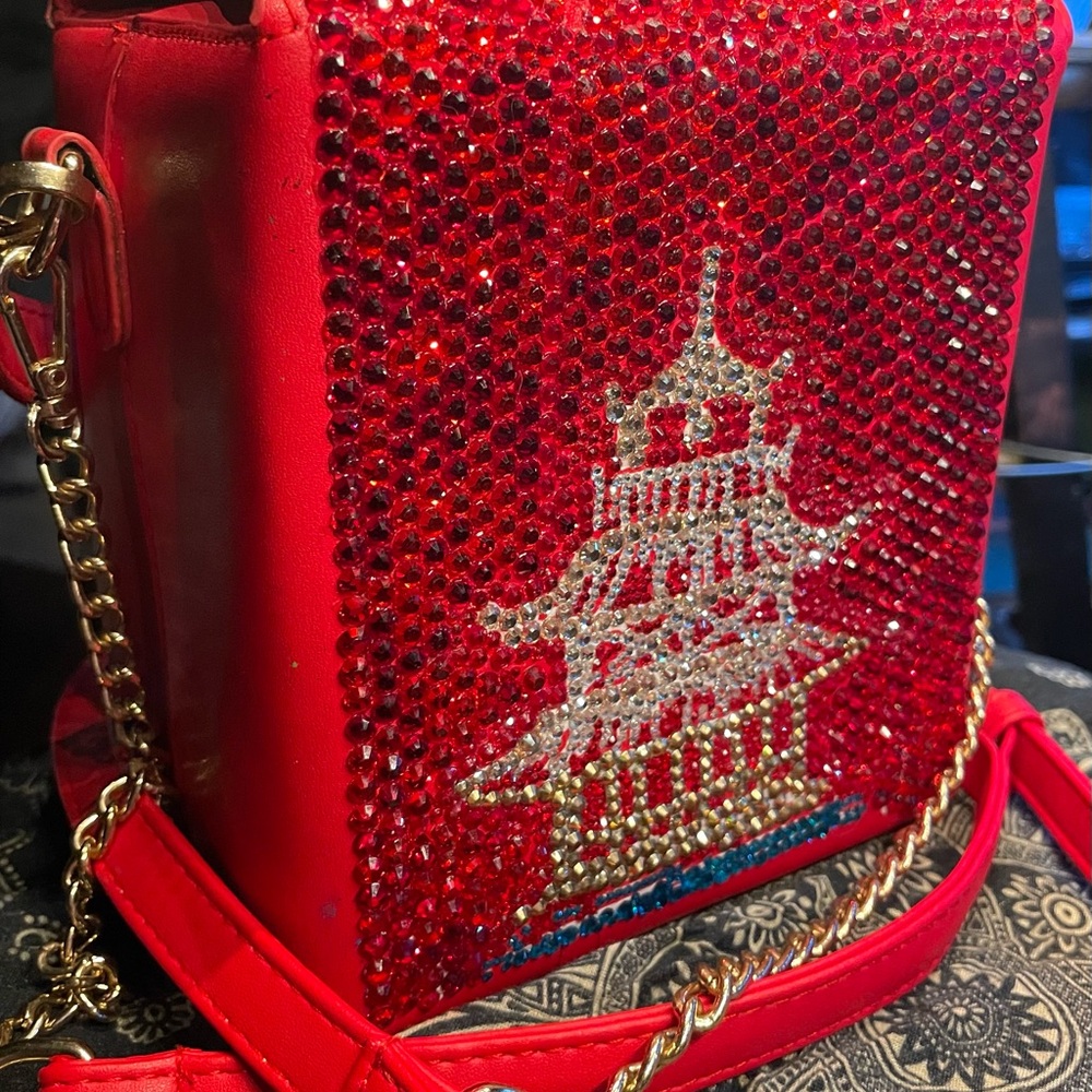 Embellished (BLINGED) Chinese Takeout Box Shoulder Bag with Chain Strap - Red